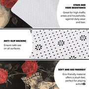 Closeup detail of printed etching line work and textured crimson rose petals on the area rug - thumbnail image 6 of 8