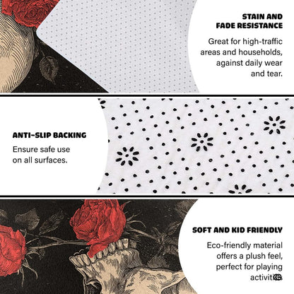 Closeup detail of printed etching line work and textured crimson rose petals on the area rug - thumbnail image 6 of 8