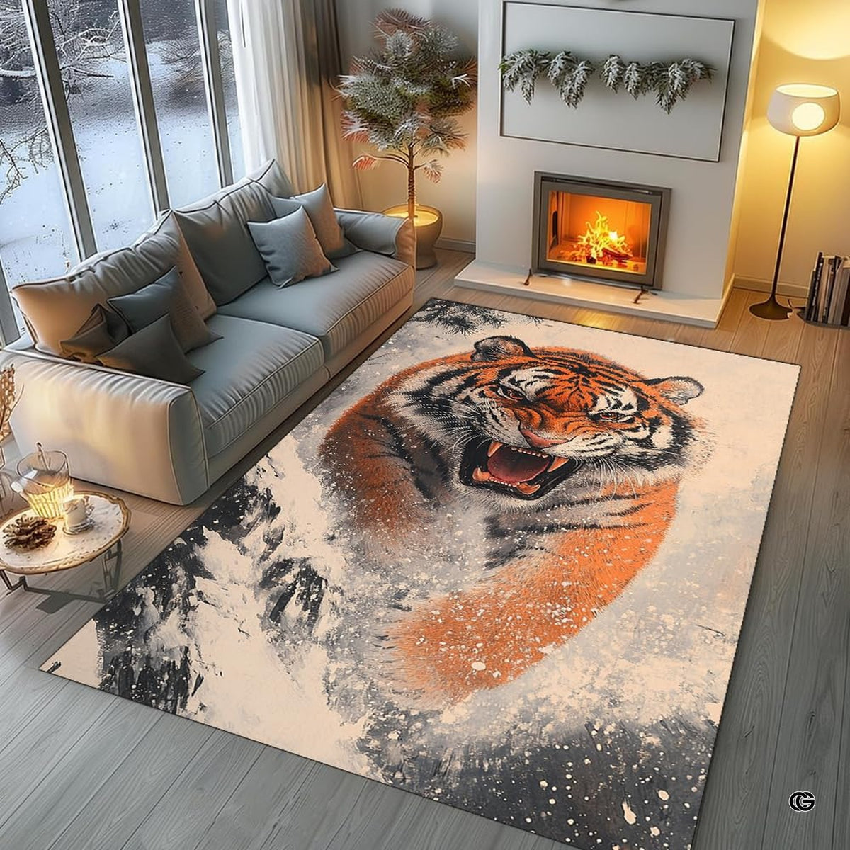 Living room arrangement showing winter snow tiger rug on wooden floor