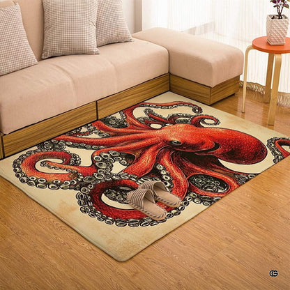 Full top-down view of the vintage kraken octopus etching design across the area rug. - thumbnail image 7 of 7
