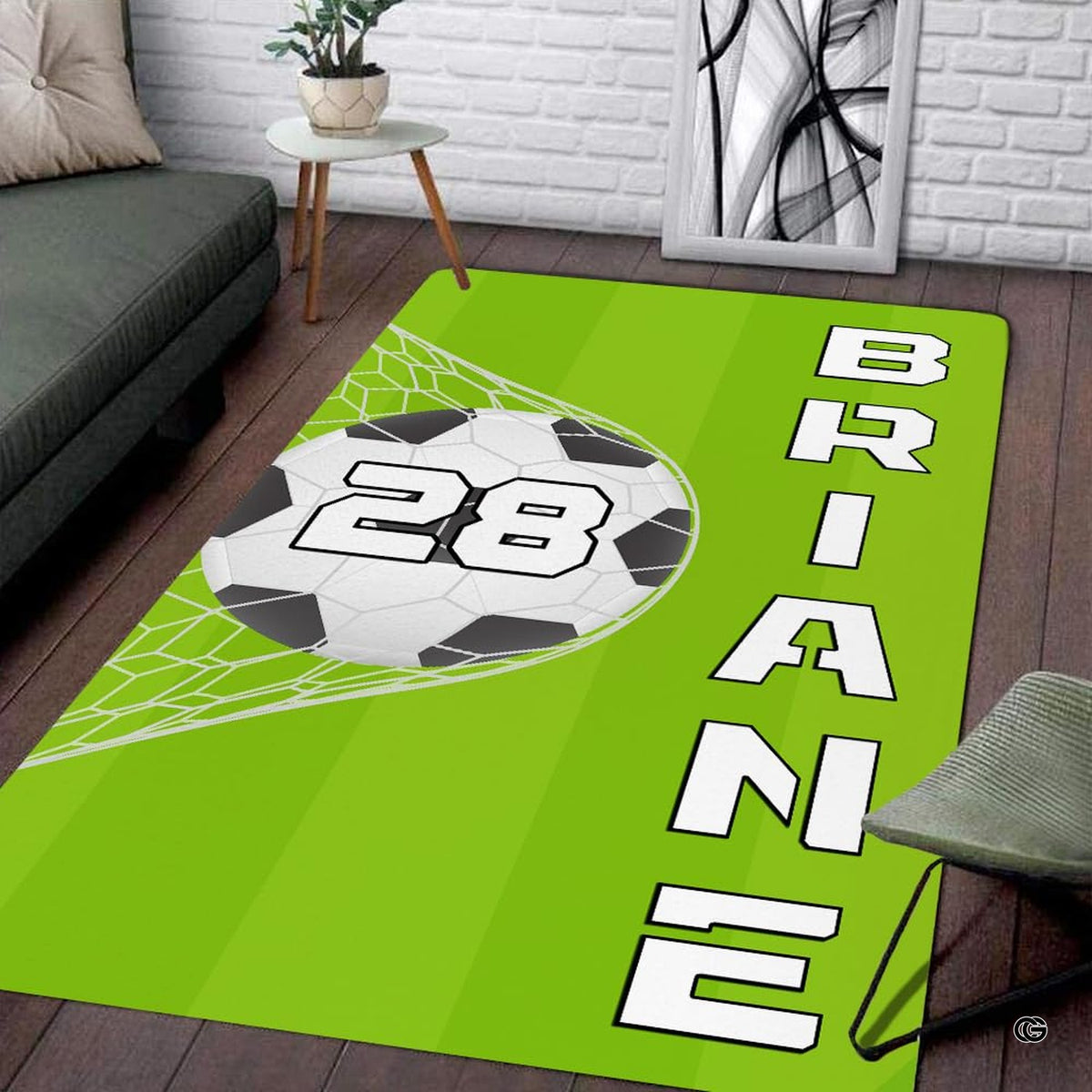 Modern living room floor setting featuring a green soccer pitch goal net athletic area rug