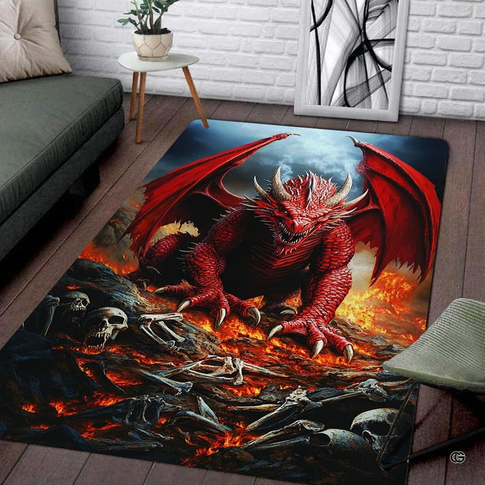 Red horned dragon perched on dark crags over glowing embers on a gothic room rug