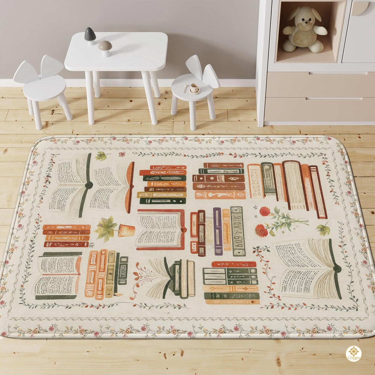 Custom Vintage Book Doormat with Floral Details and Cat Design
