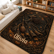 Personalized Witch Area Rug with Name - Custom Halloween Rug, Black Cat & Raven Floor Carpet, Spooky Gothic Home Decor, Non Slip Rugs (Style 10)
