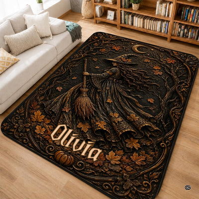 Personalized Witch Area Rug with Name - Custom Halloween Rug, Black Cat & Raven Floor Carpet, Spooky Gothic Home Decor, Non Slip Rugs (Style 10)