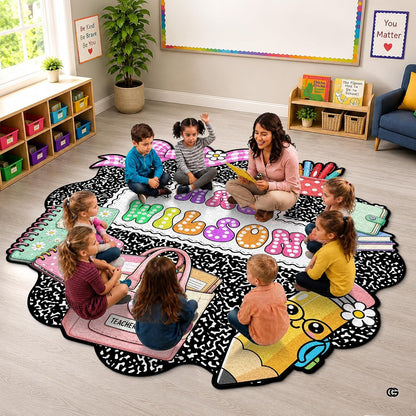 Personalized Composition Notebook Classroom Shaped Rugs for Kids (A01) | Custom Pennant Flag Carpet for Reading Corner, Non-Slip Apple Shape Rug Mat, Classroom Decor, Back To School Gift