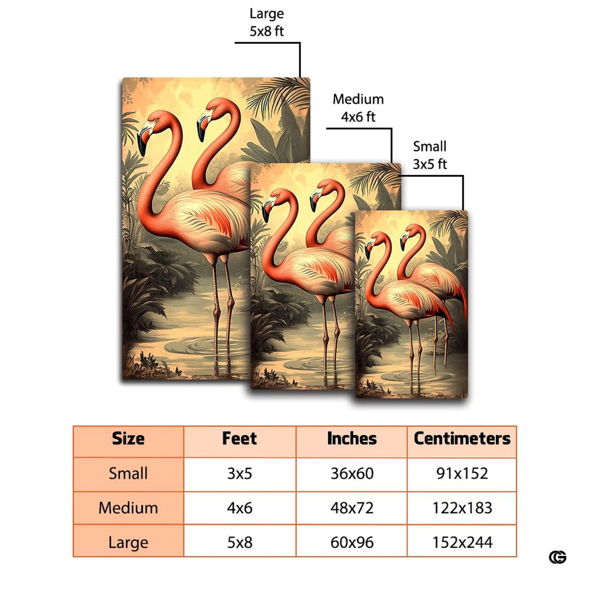Dimensions and sizing chart for vintage botanical pink flamingo pair area rug