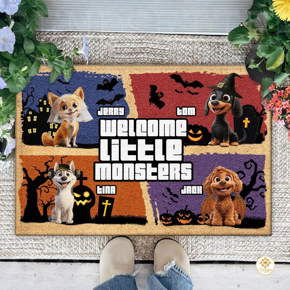 Custom Halloween Dog Doormat with Pumpkin and Bat Details - Style #1