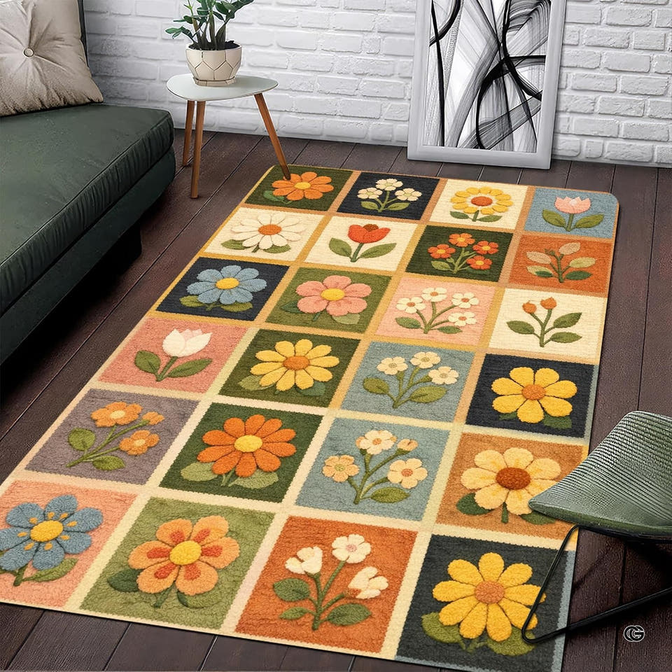 Retro floral sampler grid botanical daisy tiles area rug in primary perspective