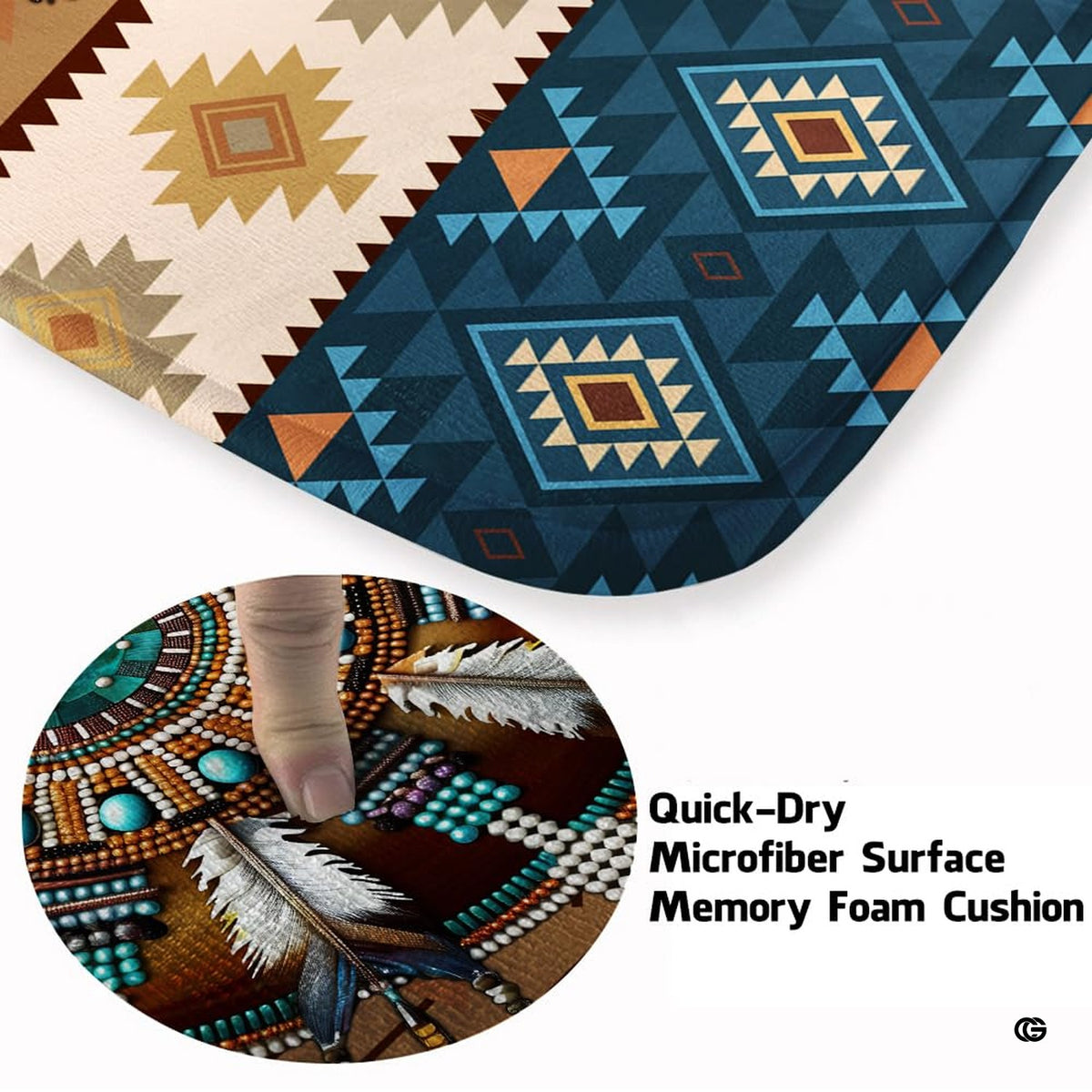 Close-up detail of turquoise mandala medallion and intricate beadwork motifs on Southwestern rug. - image 3 of 7