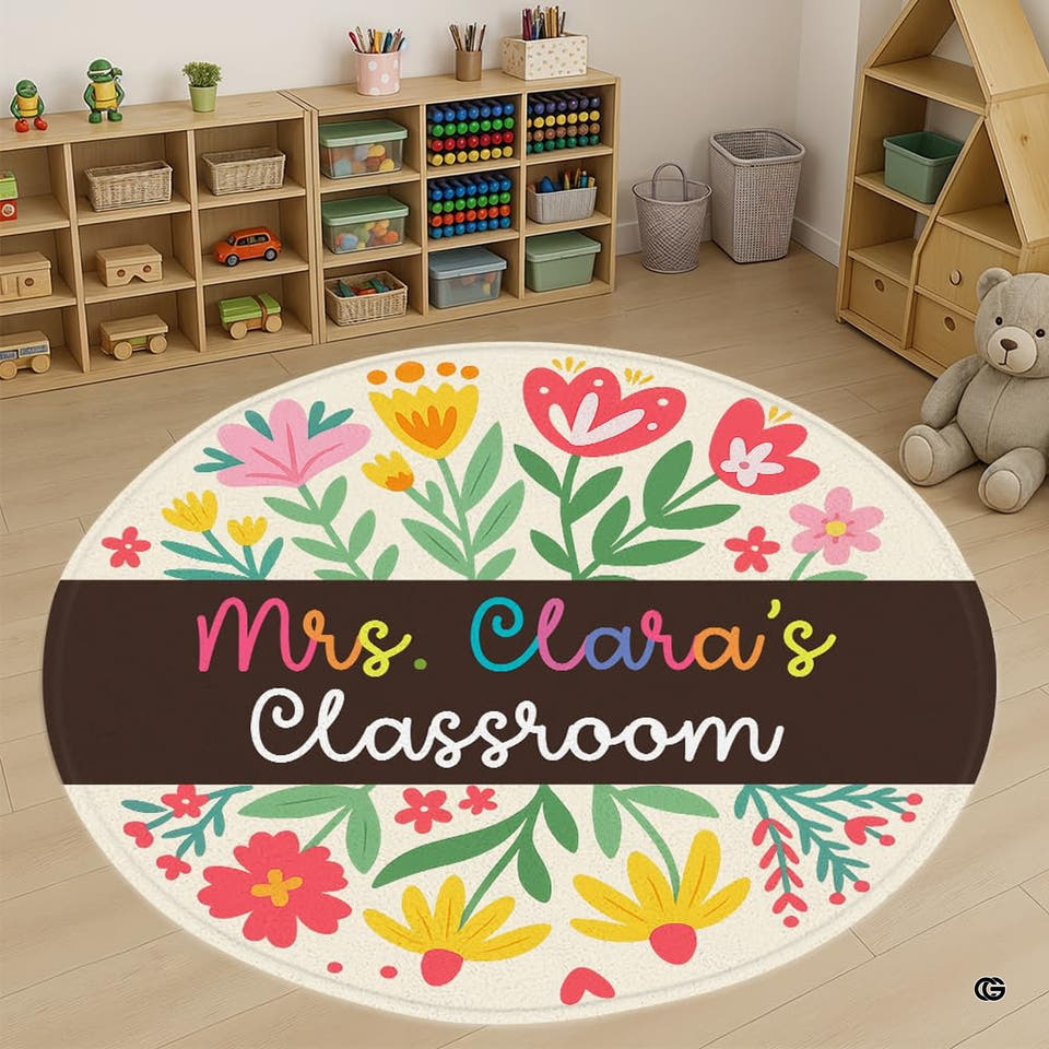 Whimsical area rug with circular botanical flowers, daisies, and tulips on cream background.