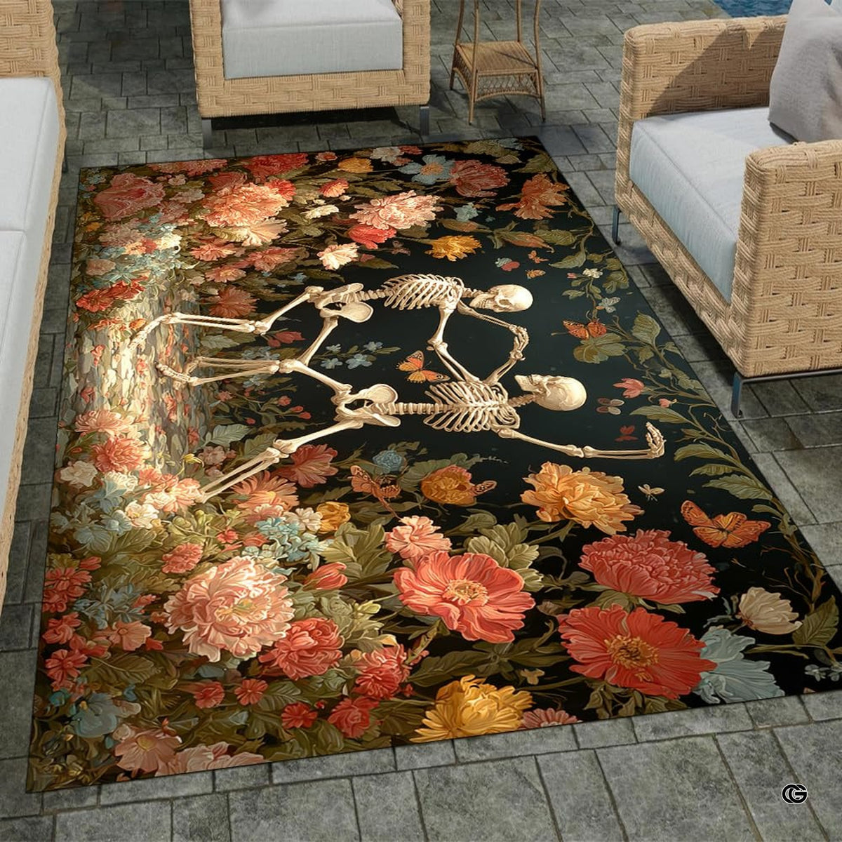 Overhead floor view showing dancing skeletal lovers surrounded by floral blooms - image 2 of 8
