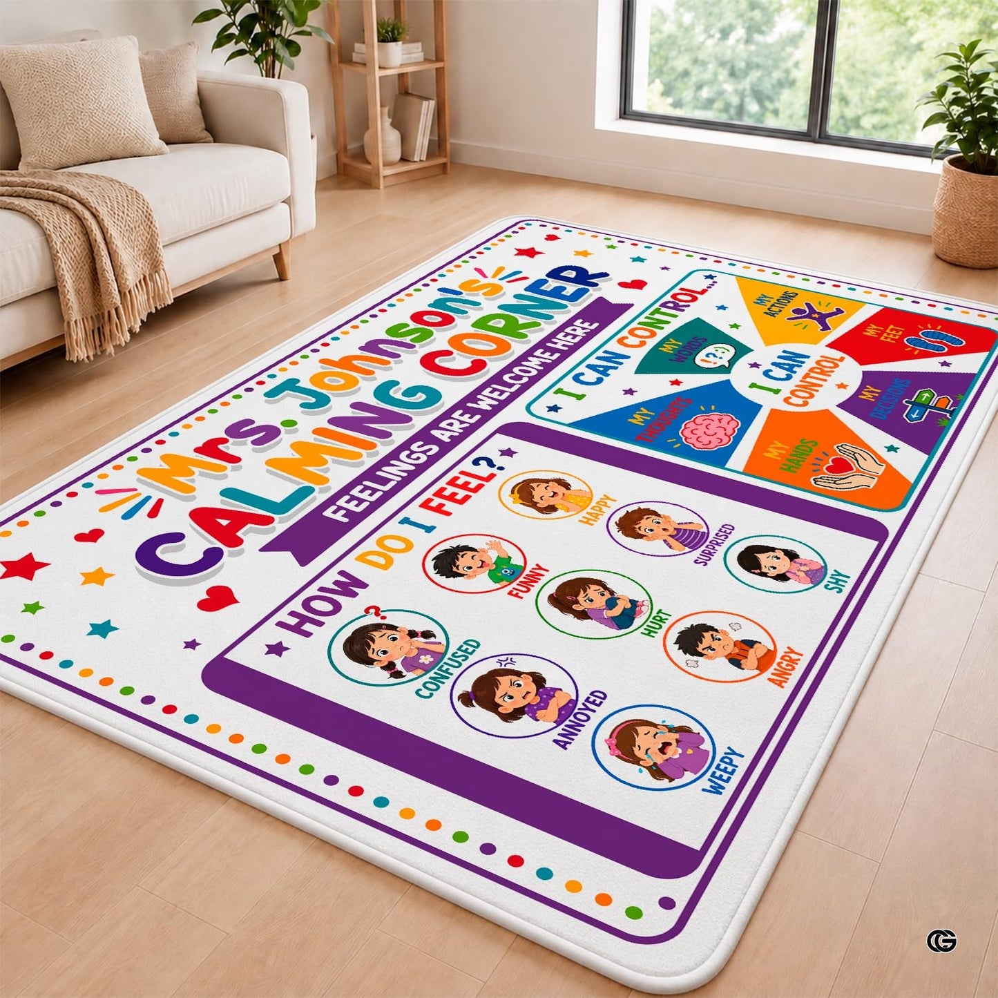 Personalized Calming Corner Rug for Classroom, Custom Teacher Name Reading Corner Rug, Emotions Feelings Carpet, Soft Fluffy Calm Corner Decor for School Reading Nook (Calming Corner Feeling)