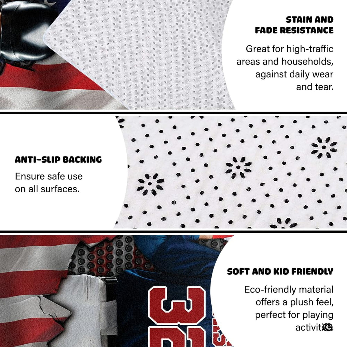 Detail of red and white stripes and navy star canton on athletic baseball graphic rug.
