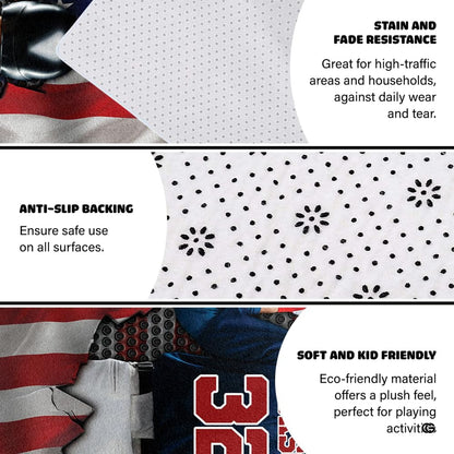 Detail of red and white stripes and navy star canton on athletic baseball graphic rug. - thumbnail image 4 of 8