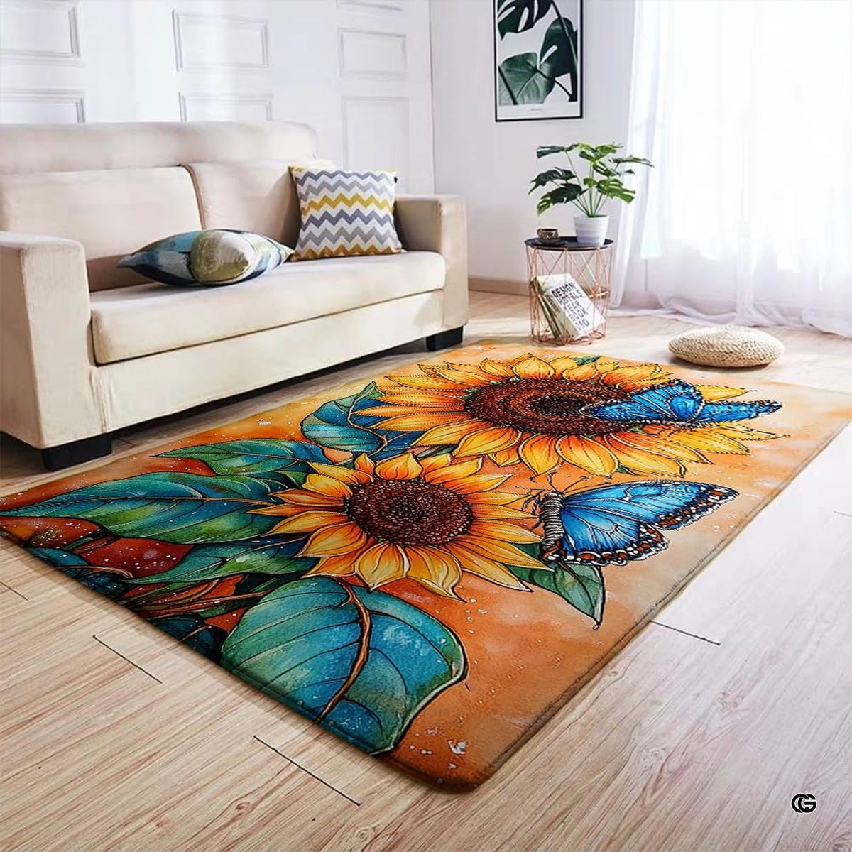 Watercolor artwork of yellow sunflower blossoms with blue butterflies on an amber mottled background. - image 4 of 7