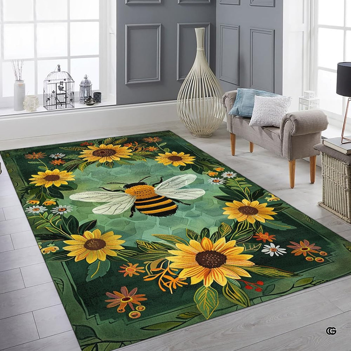 Overhead layout view of the rectangular emerald green honeybee botanical area rug - image 7 of 8