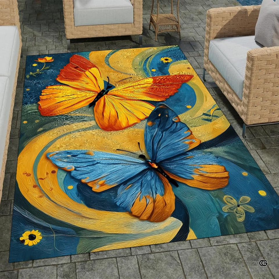 Full view of painterly butterfly area rug with vibrant orange and teal wings on wooden floor.