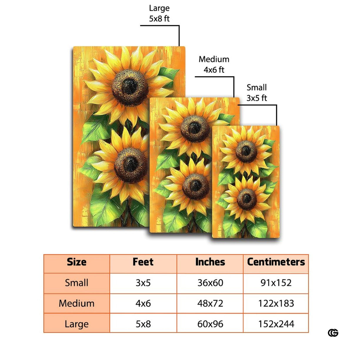 Dimensions and sizing chart for oil painting twin sunflowers area rug