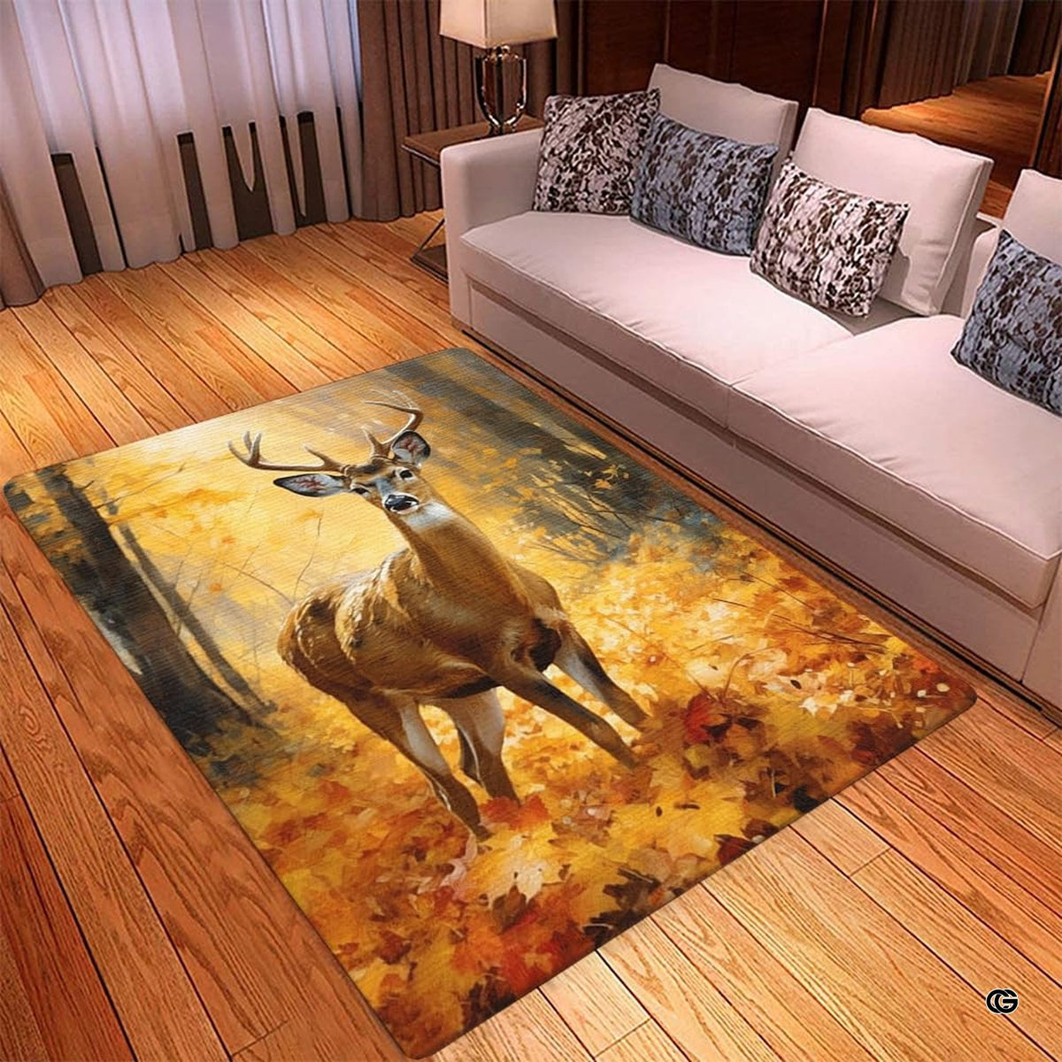 Detailed view of painterly autumn trees, golden sunlight, and antlered deer motif on a floor rug. - image 3 of 7