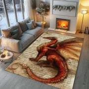 Leonardo da Vinci style red dragon anatomy sketch on vintage handwritten parchment paper area rug. - thumbnail image 5 of 8
