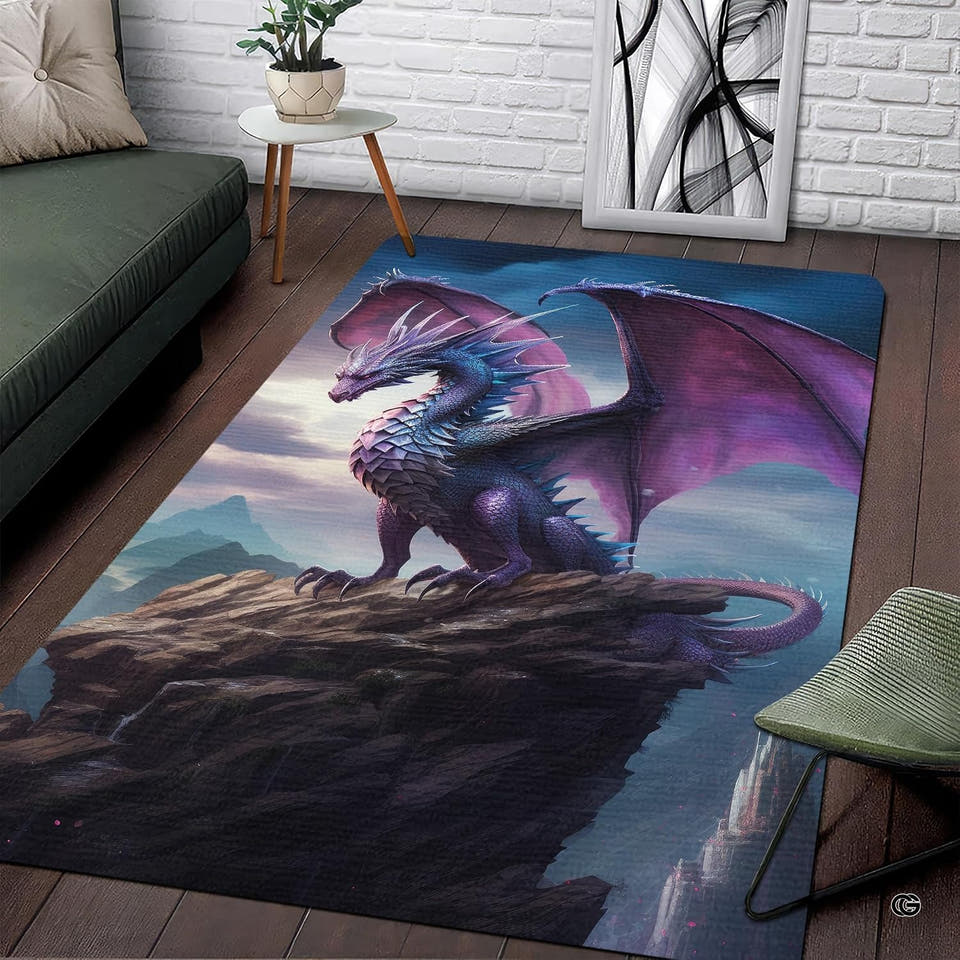 Purple dragon area rug displayed flat showing majestic winged fantasy art atop a misty mountain cliff.