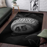 Modern living room floor setting featuring a monochrome baseball glove stitching athletic area rug - thumbnail image 1 of 7