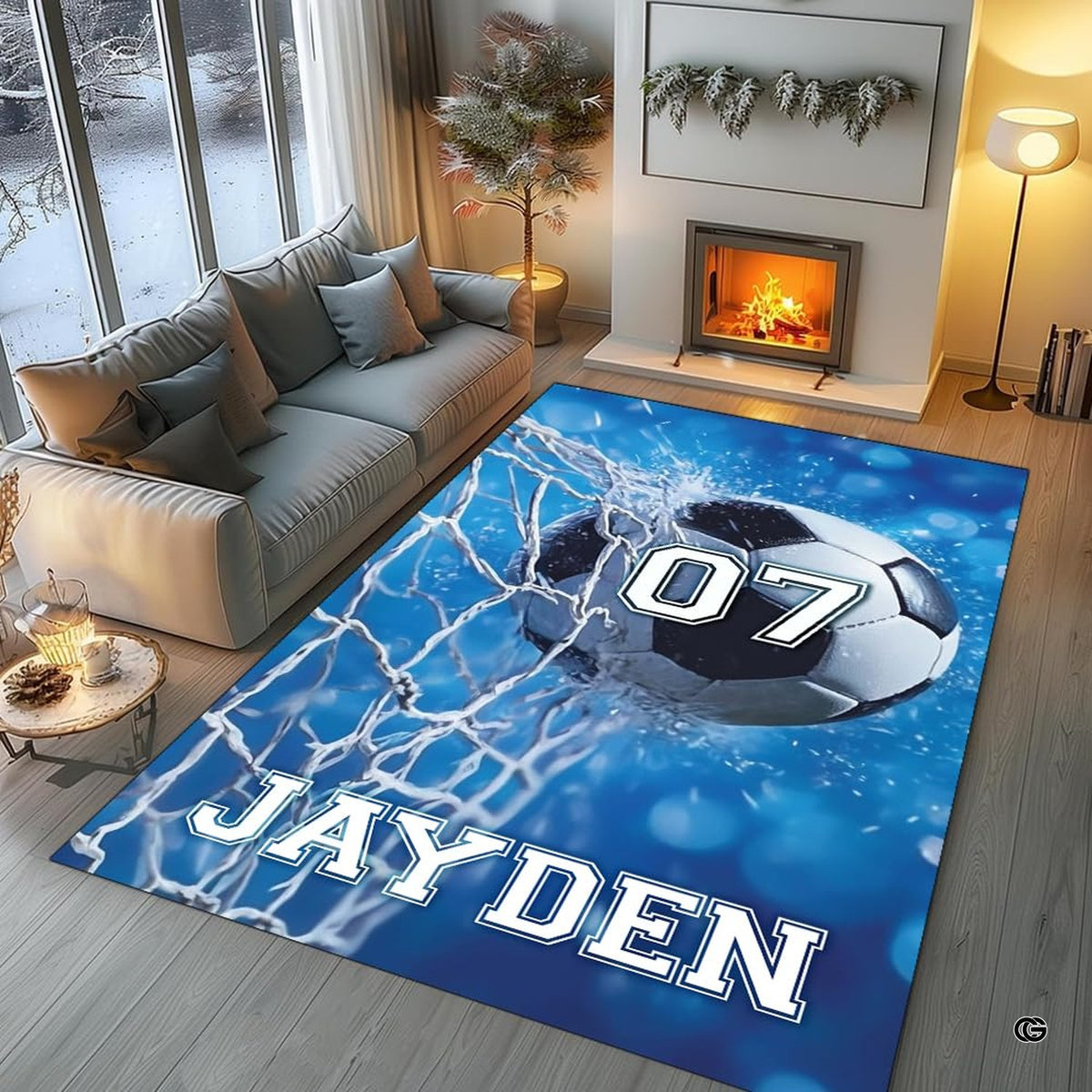 Lifestyle living room scene featuring family lounging on soccer goal net area rug.