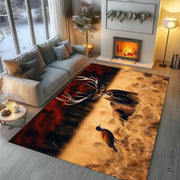 Lifestyle living room scene featuring family lounging on red deer stag area rug. - thumbnail image 5 of 7