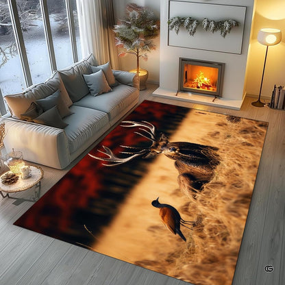 Lifestyle living room scene featuring family lounging on red deer stag area rug. - thumbnail image 5 of 7