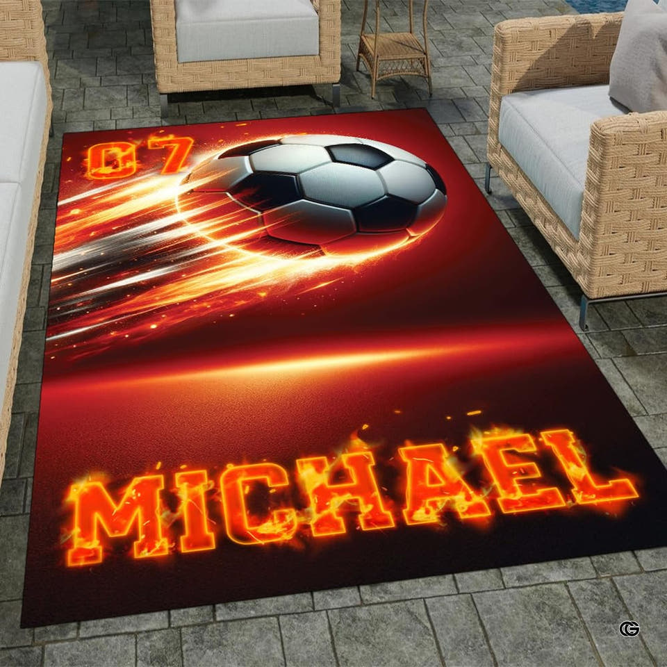 Custom flaming soccer ball living room area rug featuring speeding fireball graphic and fiery lettering