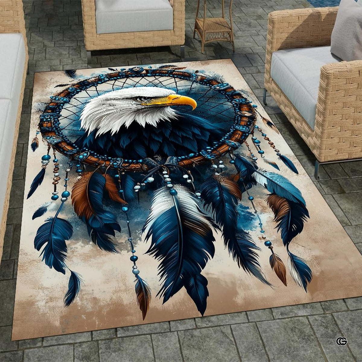 Overhead flat view of rectangular dreamcatcher bald eagle area rug - image 7 of 7