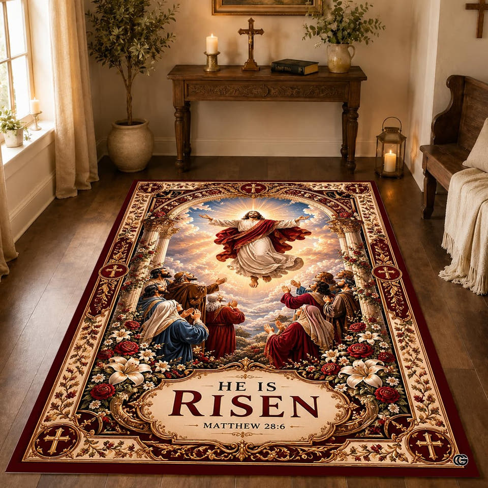 Faith-themed area rug with classical sacred artwork and floral borders on wood flooring
