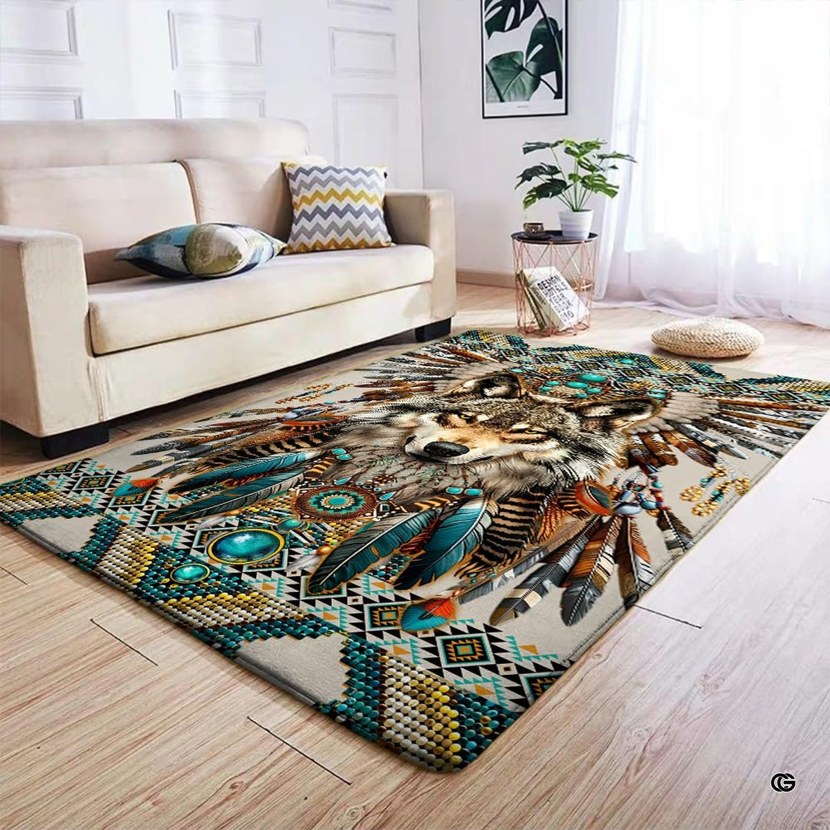Infographic showing the non-skid dot backing and edge stitching of the wolf rug