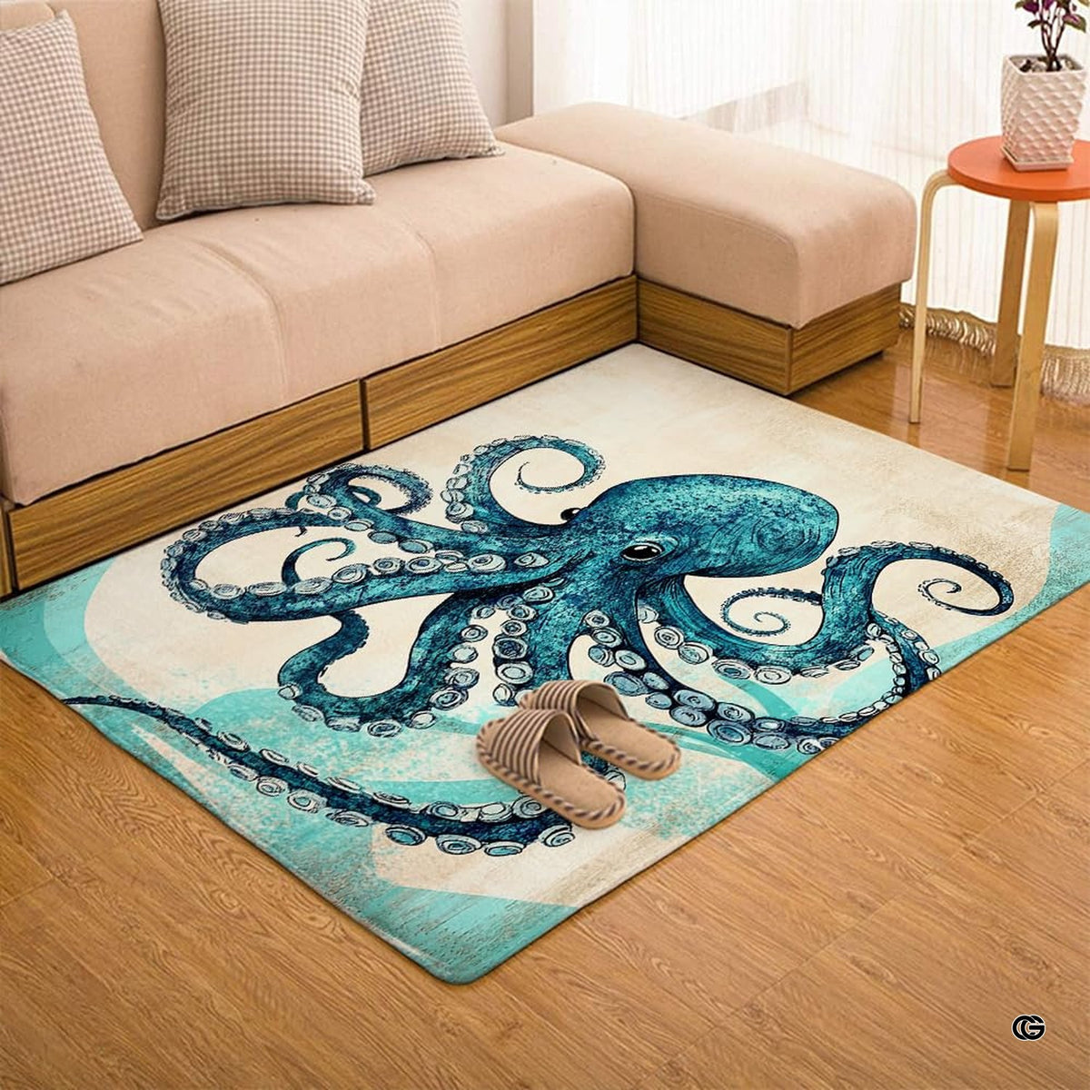 Close up texture detail showing soft pile surface and stitching of octopus area rug.