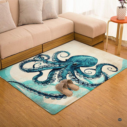 Close up texture detail showing soft pile surface and stitching of octopus area rug. - thumbnail image 3 of 7
