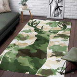 Woodland camo deer buck living room area rug with antlered stag silhouette on green and tan camo background