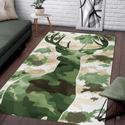 Woodland camo deer buck living room area rug with antlered stag silhouette on green and tan camo background - thumbnail image 1 of 7