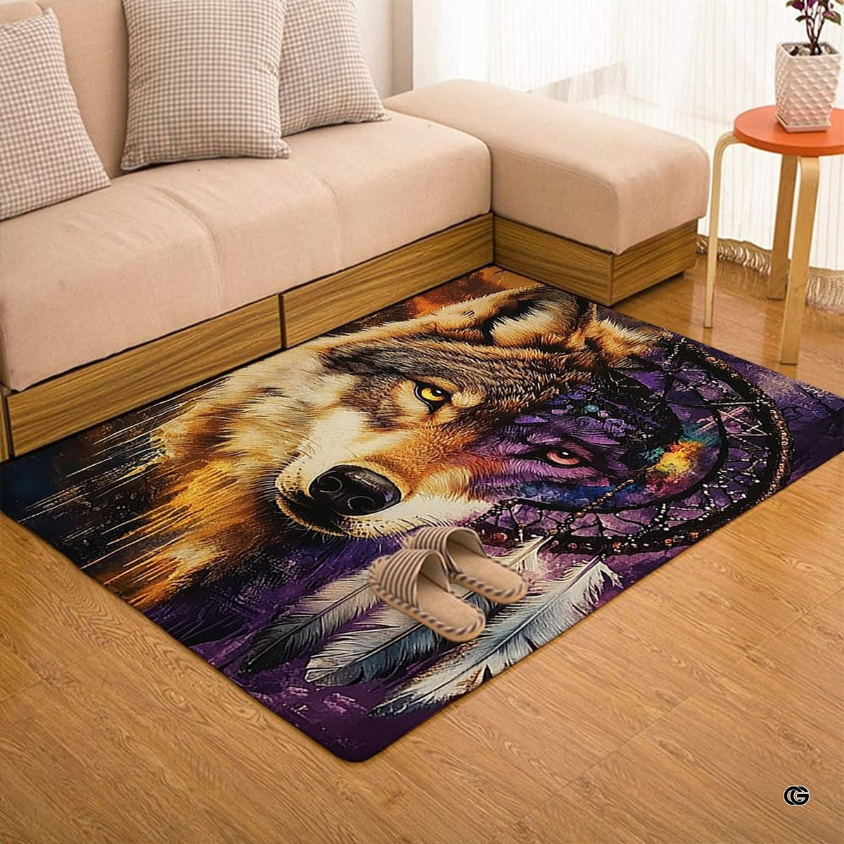Full room perspective presenting mystical wolf dreamcatcher floor rug paired with modern neutral furniture. - image 7 of 7