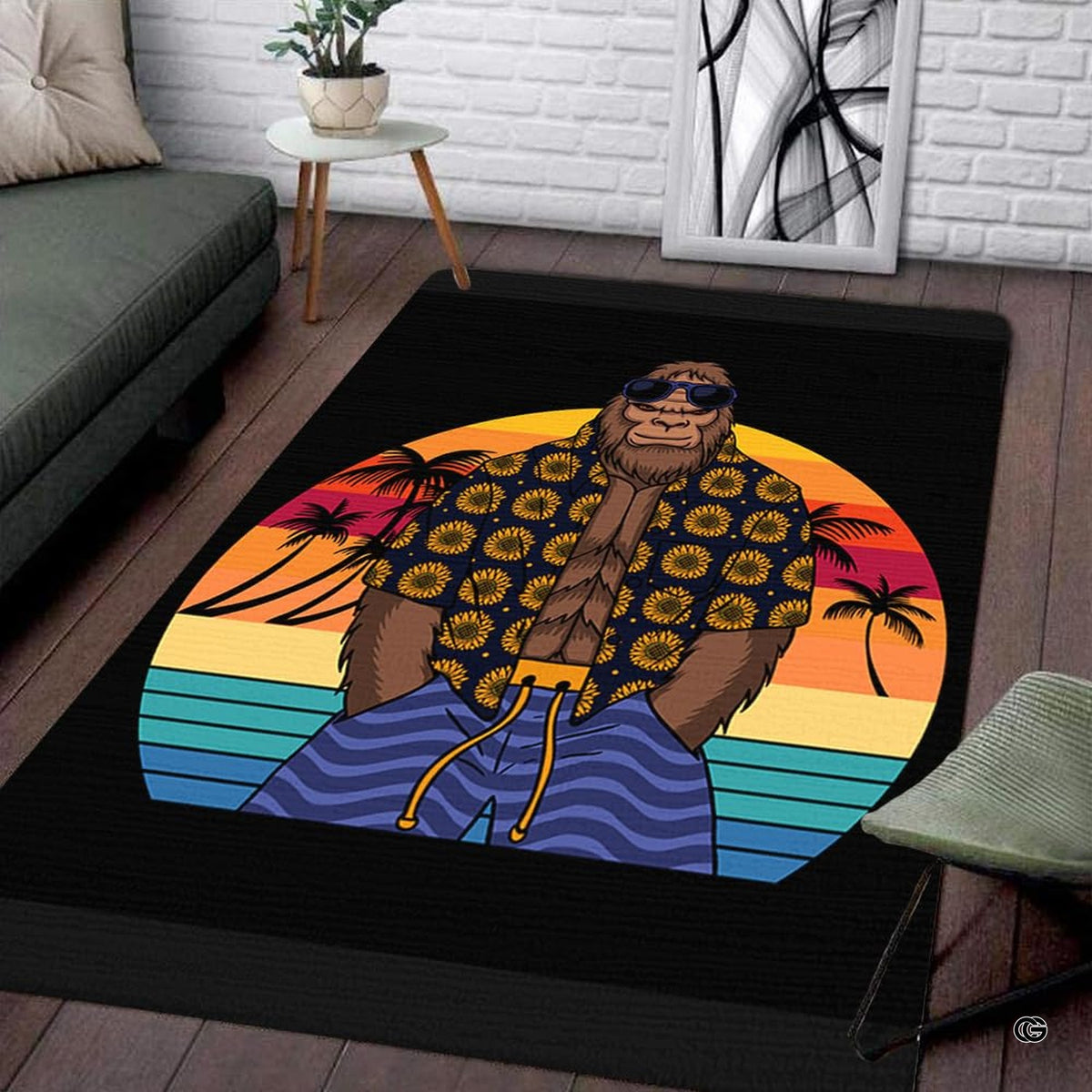 Bigfoot area rug showing cartoon Sasquatch in sunglasses against a striped sunset in a tropical beach living room.