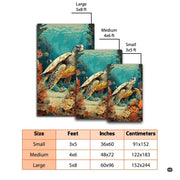 Mockup display showing the coastal sea turtle rug placed near modern living room furniture - thumbnail image 2 of 7