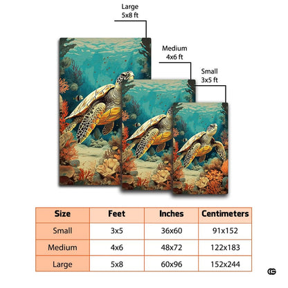 Mockup display showing the coastal sea turtle rug placed near modern living room furniture - thumbnail image 2 of 7