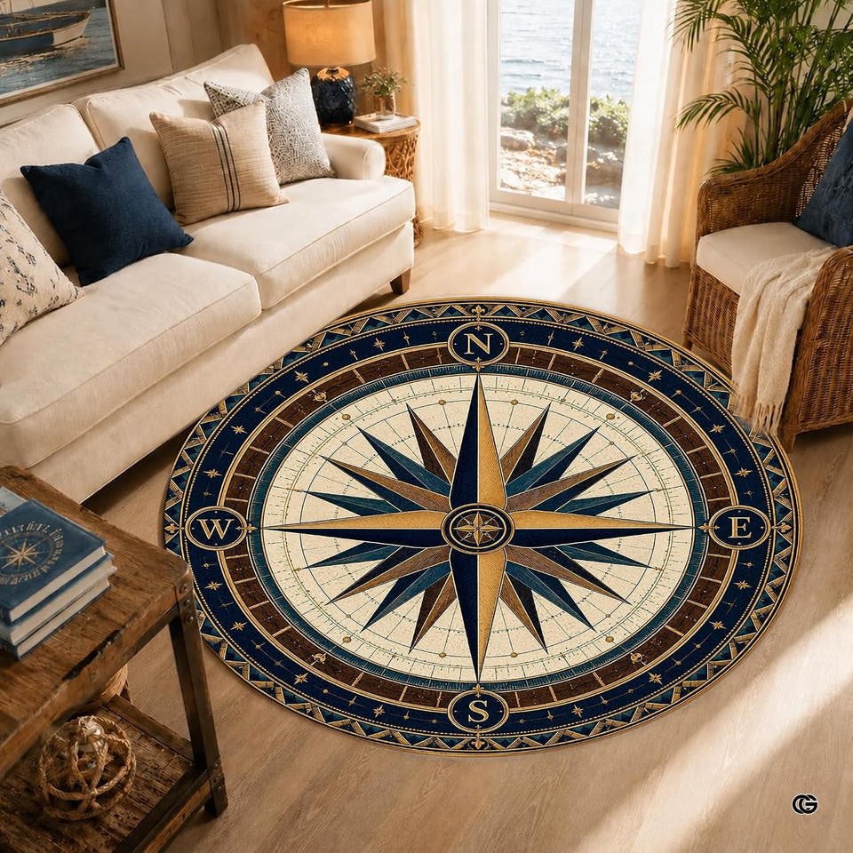Round compass rug showcasing navy blue and golden tan nautical star illustration.