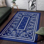 Soft low-pile microfiber fabric and foam cushioning detail of navy bandana rug - thumbnail image 3 of 9