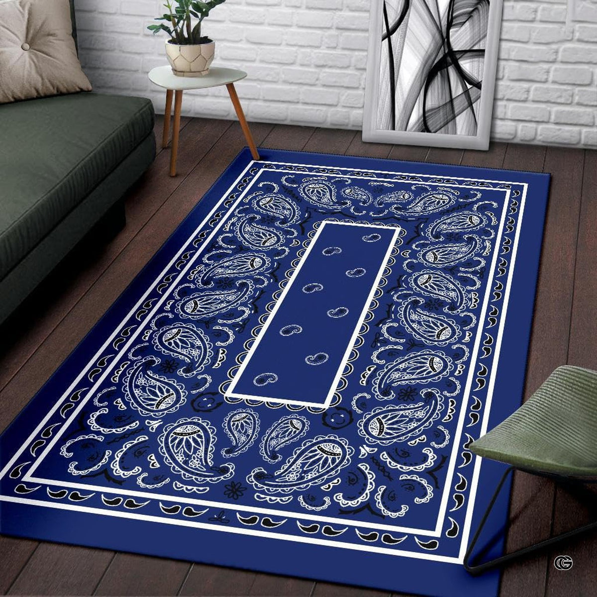 Soft low-pile microfiber fabric and foam cushioning detail of navy bandana rug - image 3 of 9