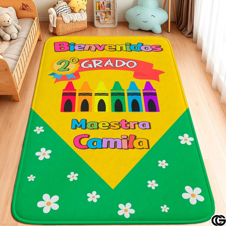 Custom Bilingual Alphabet Rug with Teacher Name and Numbers for Kindergarten