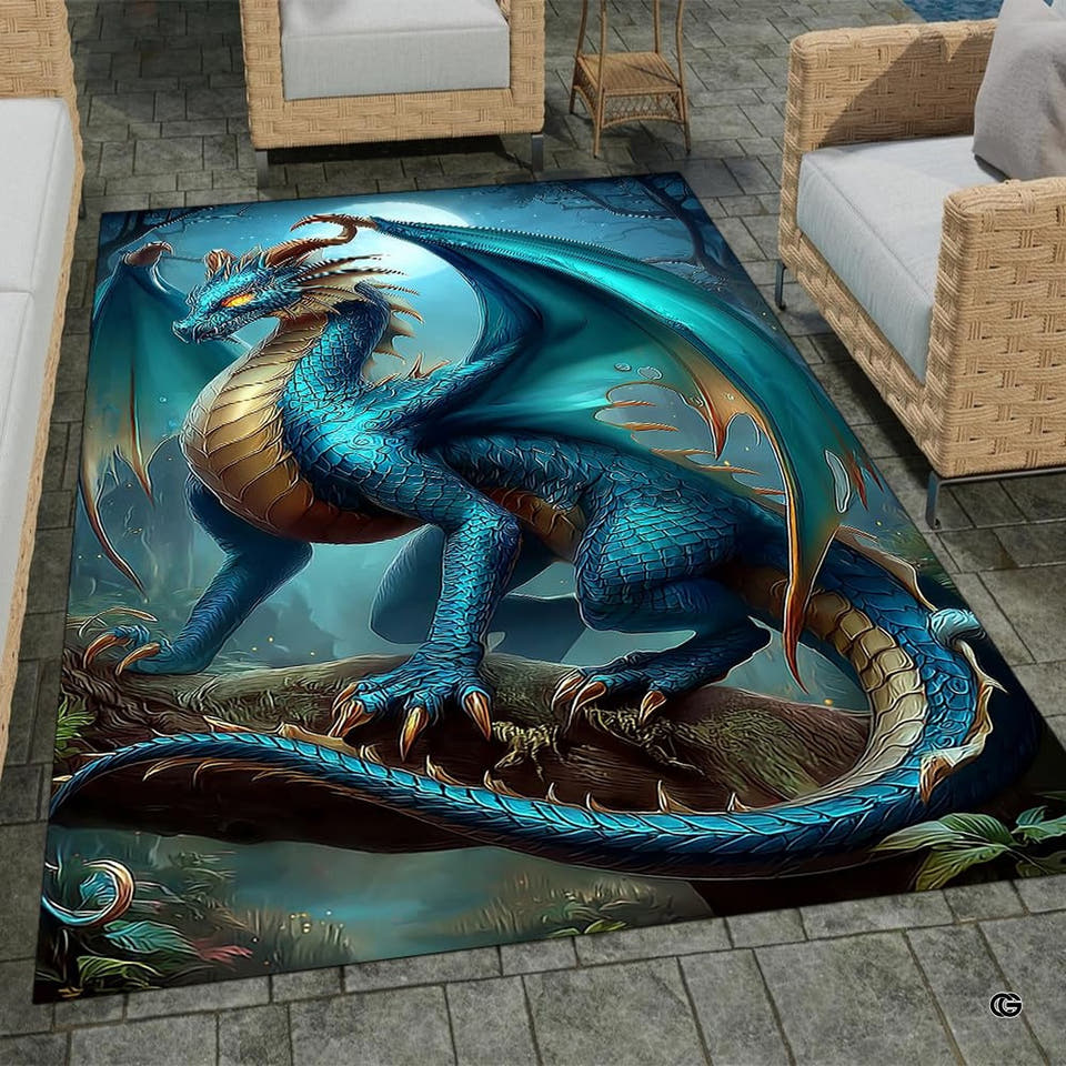 Blue teal dragon rug with gold wings in a misty forest