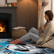 Angled view showing dynamic blue watercolor drops and soccer goal artwork across the graphic area rug. - thumbnail image 8 of 8