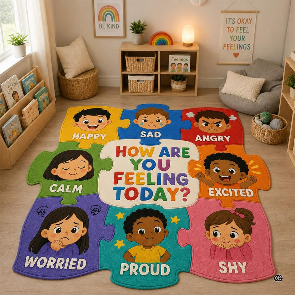 Overhead view of colorful puzzle piece area rug displaying emotion character portraits in a sunlit playroom