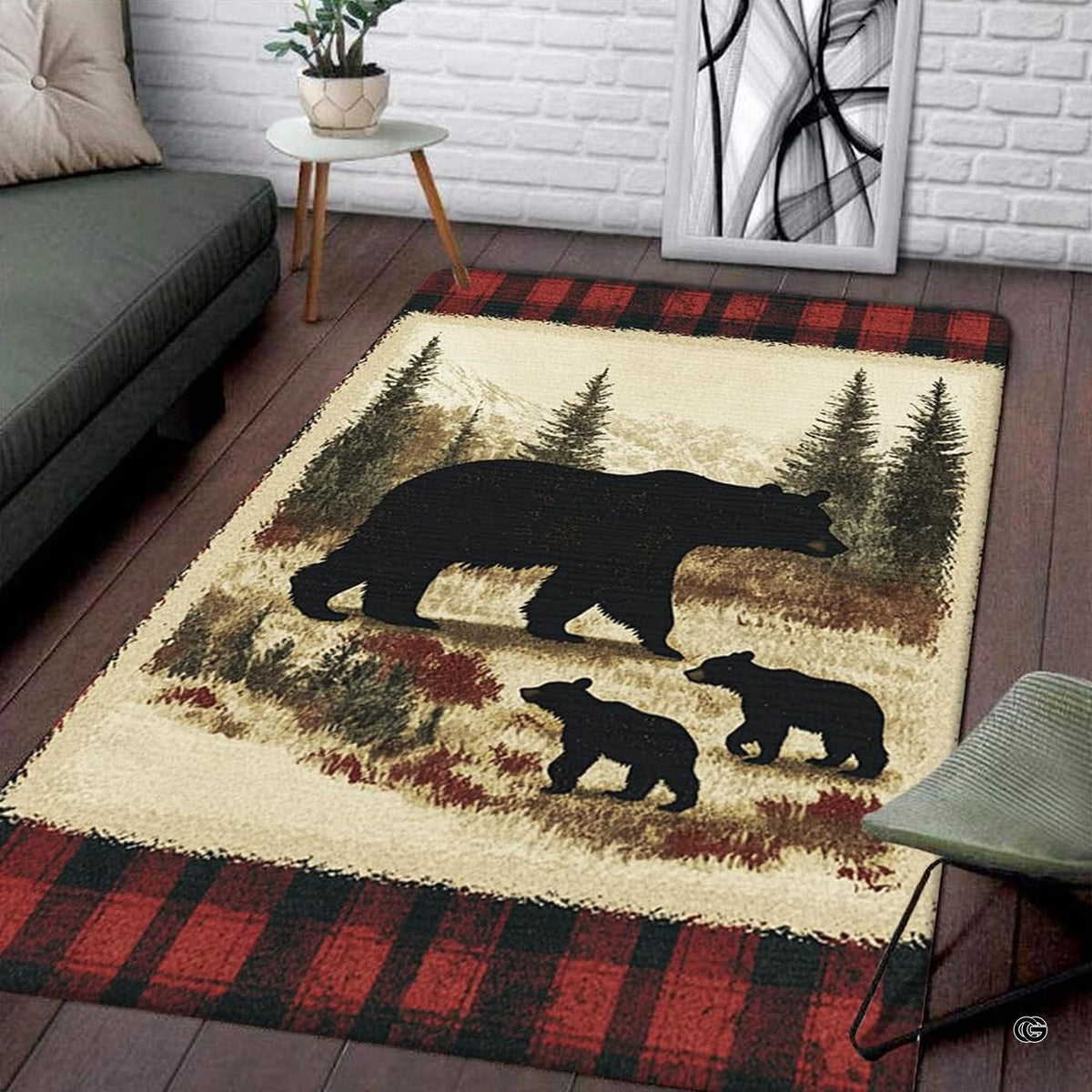 Living room setting featuring a rustic mama bear and cubs plaid wildlife area rug - image 1 of 5